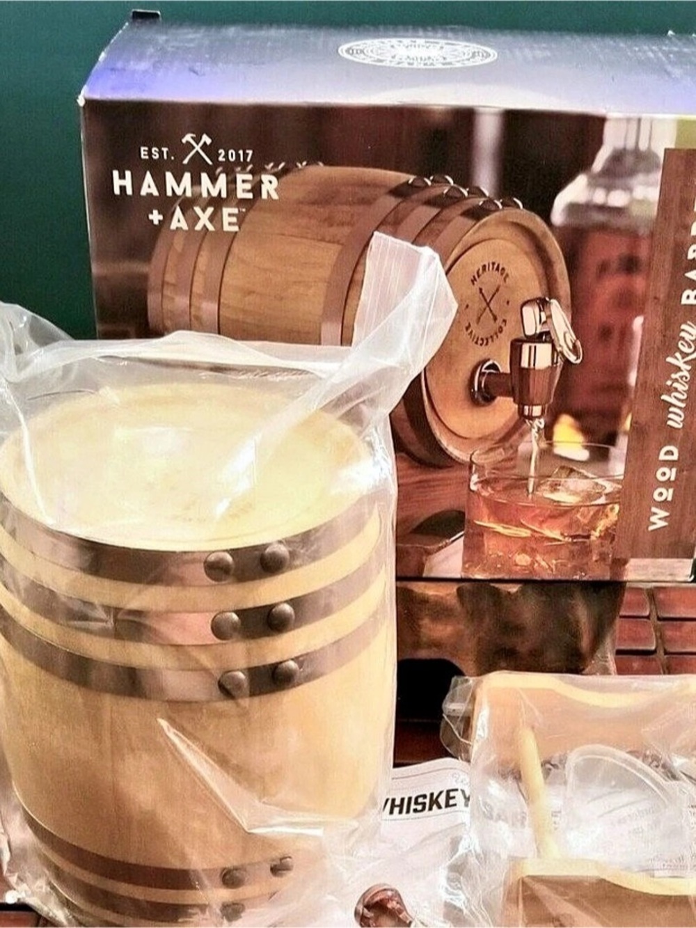 Hammer + Axe Wood Whiskey Barrel Brown & Gold